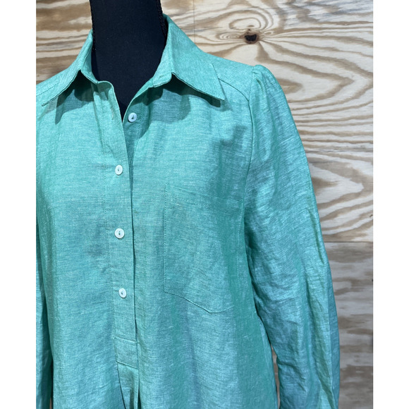Tuckernuck Sea Green Callahan Mini Shirt Dress Linen Blend Medium Ruffle Preppy - Picture 4 of 13